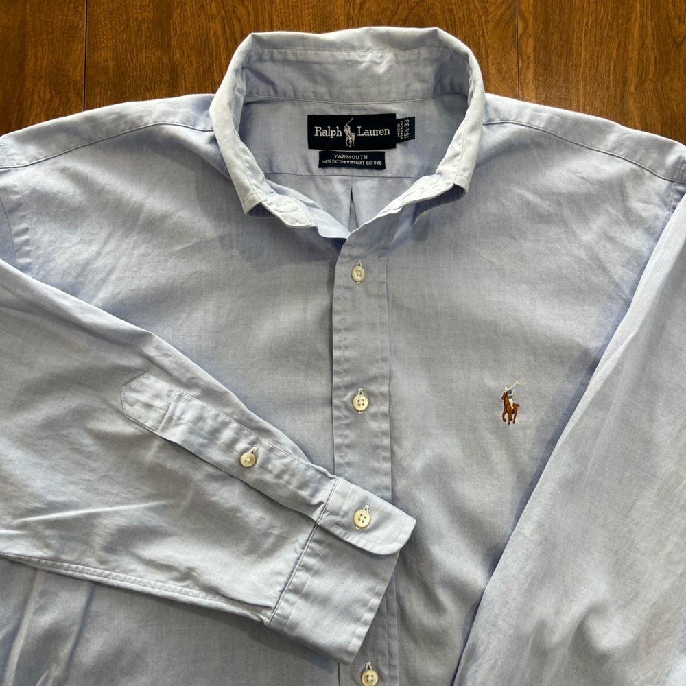 Ralph Lauren Yarmouth Blue Pinpoint Oxford Button Down Shirt 15.5 33 Mens